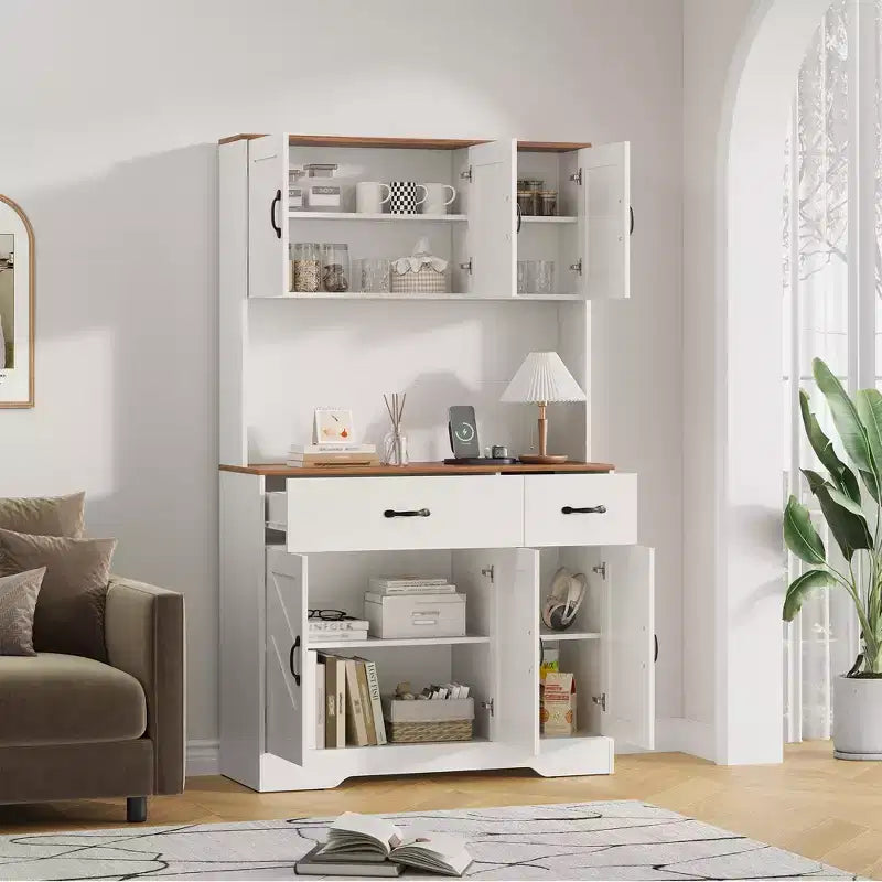 71 Tall Kitchen Pantry Storage Cabinet with Microwave Stand, Farmhouse Kitchen Hutch with Adjustable Shelves for Living Room, Dining Room