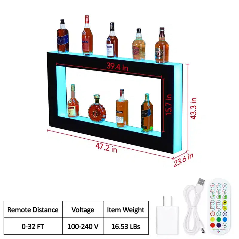 48 LED Lighted Liquor Bottle Display Shelf, 2-Step Multifunctional Bar Shelves with Remote and App Control, Black