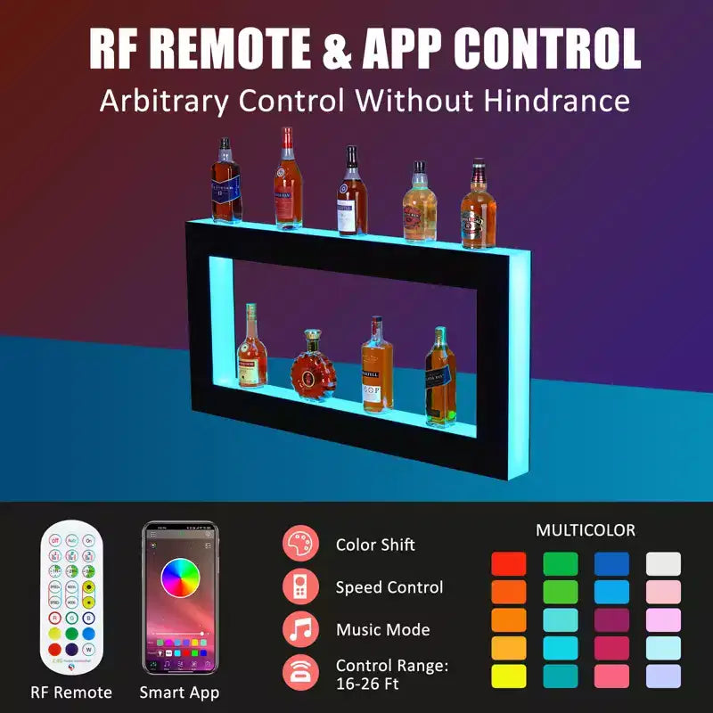 48 LED Lighted Liquor Bottle Display Shelf, 2-Step Multifunctional Bar Shelves with Remote and App Control, Black
