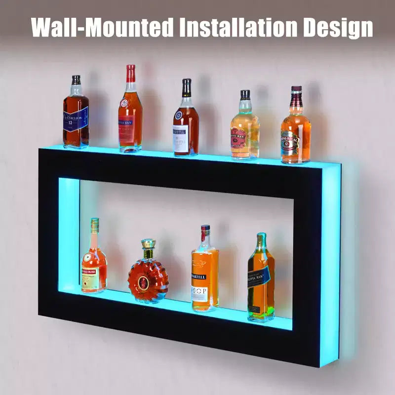48 LED Lighted Liquor Bottle Display Shelf, 2-Step Multifunctional Bar Shelves with Remote and App Control, Black