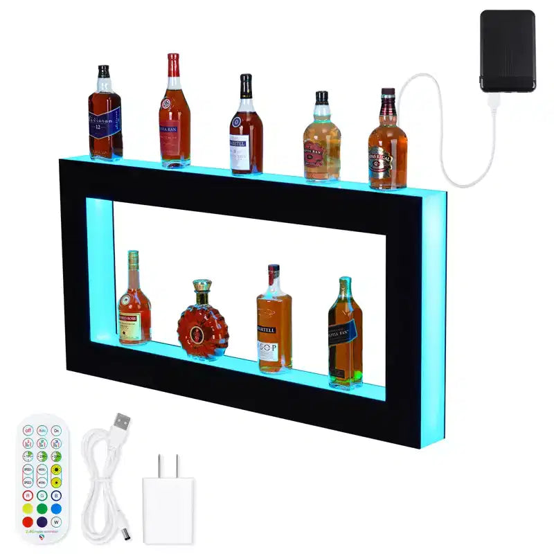 48 LED Lighted Liquor Bottle Display Shelf, 2-Step Multifunctional Bar Shelves with Remote and App Control, Black