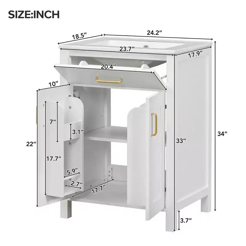 24 Inch Bathroom Vanity with Ceramic Sink, Tip-Out Drawer & Adjustable Shelf, Freestanding Bathroom Cabinet for Small Spaces