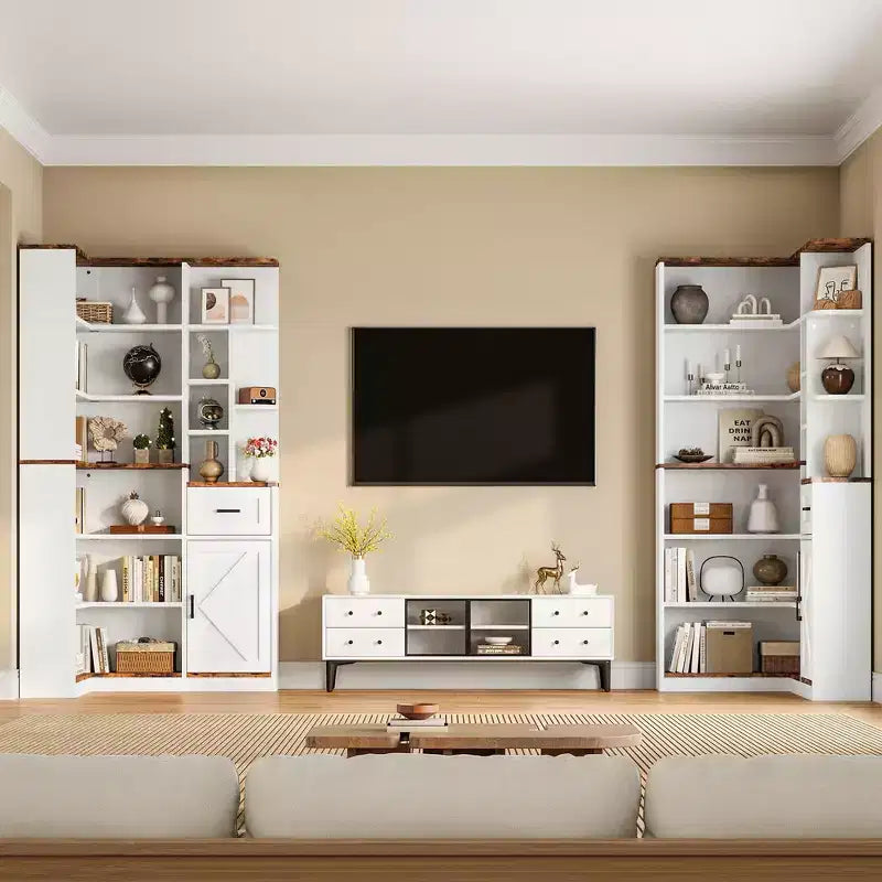 74'' Tall Corner Bookshelf - 6-Tier Book Shelf with Drawer and Cabinets, l-Shaped Bookcase Open Storage Shelves Modern Display Shelf for Home, Office