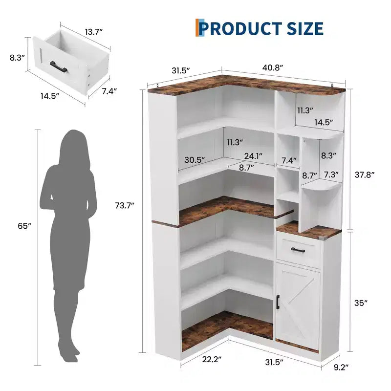 74'' Tall Corner Bookshelf - 6-Tier Book Shelf with Drawer and Cabinets, l-Shaped Bookcase Open Storage Shelves Modern Display Shelf for Home, Office