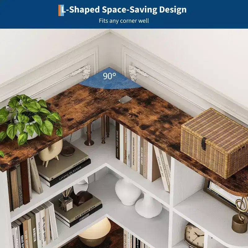 74'' Tall Corner Bookshelf - 6-Tier Book Shelf with Drawer and Cabinets, l-Shaped Bookcase Open Storage Shelves Modern Display Shelf for Home, Office