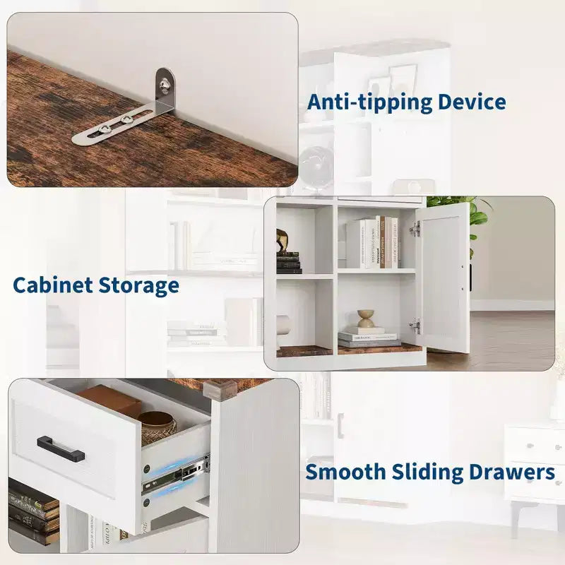 74'' Tall Corner Bookshelf - 6-Tier Book Shelf with Drawer and Cabinets, l-Shaped Bookcase Open Storage Shelves Modern Display Shelf for Home, Office