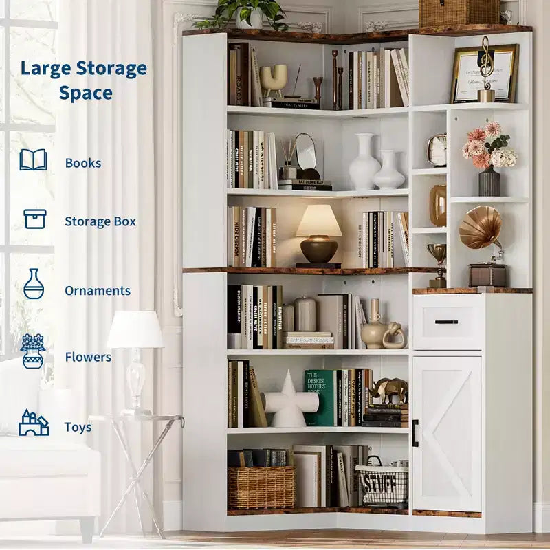 74'' Tall Corner Bookshelf - 6-Tier Book Shelf with Drawer and Cabinets, l-Shaped Bookcase Open Storage Shelves Modern Display Shelf for Home, Office