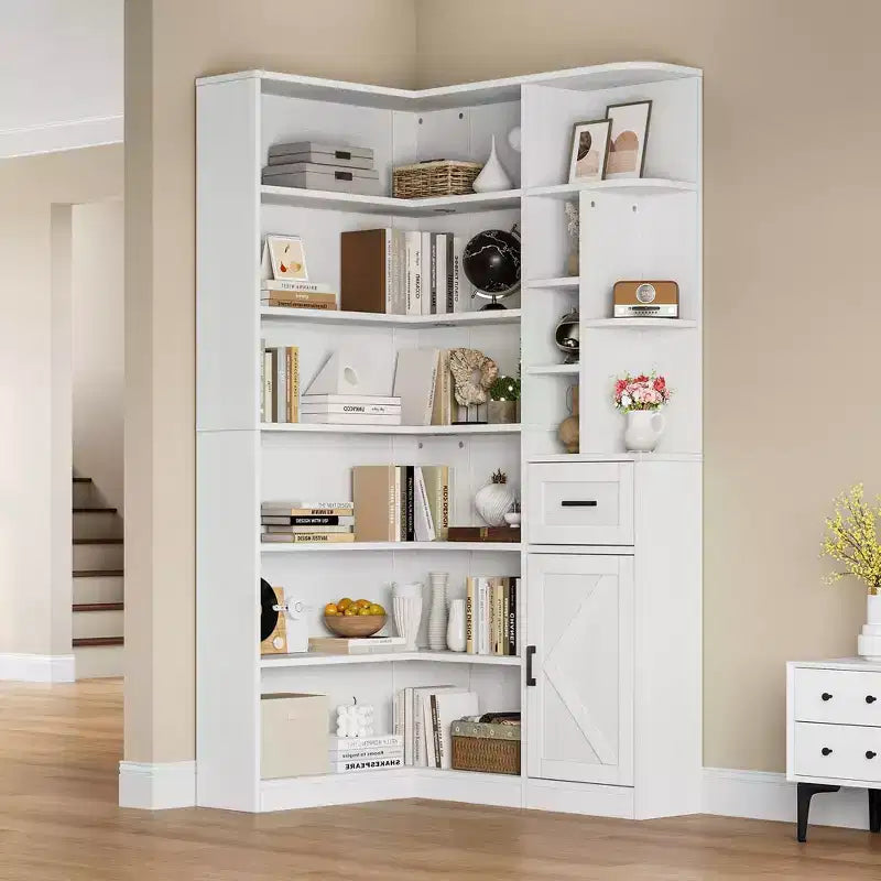 74'' Tall Corner Bookshelf - 6-Tier Book Shelf with Drawer and Cabinets, l-Shaped Bookcase Open Storage Shelves Modern Display Shelf for Home, Office