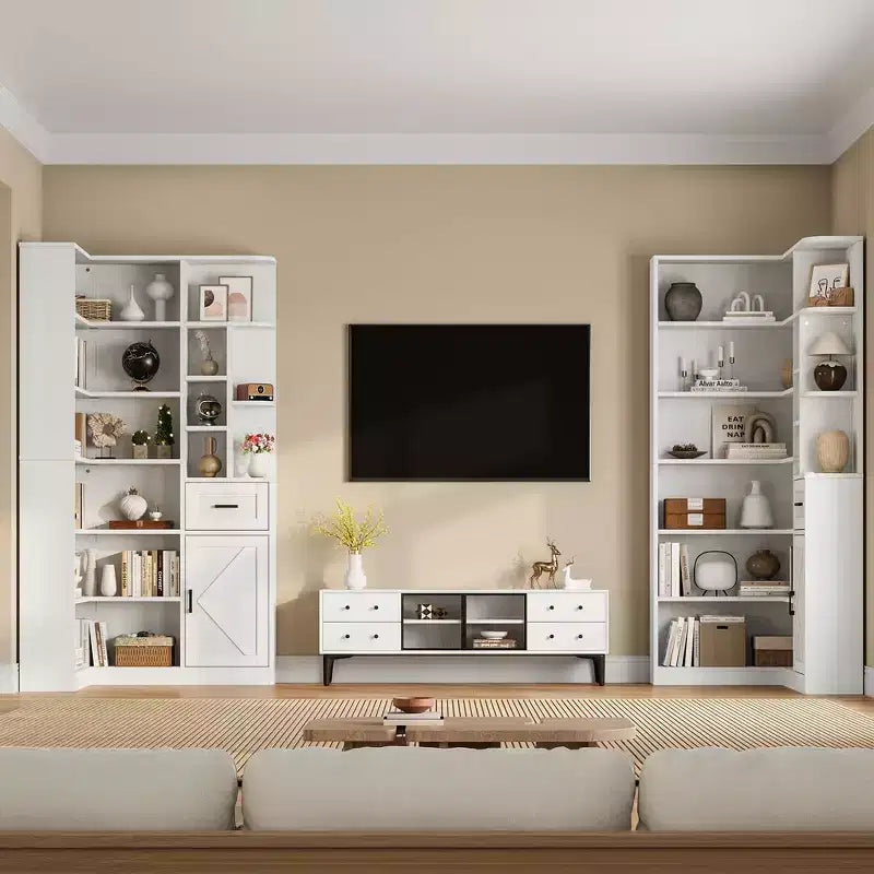 74'' Tall Corner Bookshelf - 6-Tier Book Shelf with Drawer and Cabinets, l-Shaped Bookcase Open Storage Shelves Modern Display Shelf for Home, Office