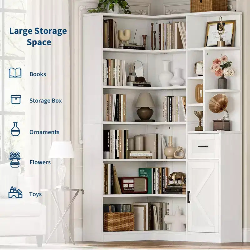 74'' Tall Corner Bookshelf - 6-Tier Book Shelf with Drawer and Cabinets, l-Shaped Bookcase Open Storage Shelves Modern Display Shelf for Home, Office