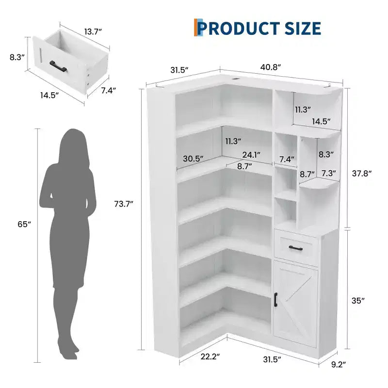 74'' Tall Corner Bookshelf - 6-Tier Book Shelf with Drawer and Cabinets, l-Shaped Bookcase Open Storage Shelves Modern Display Shelf for Home, Office