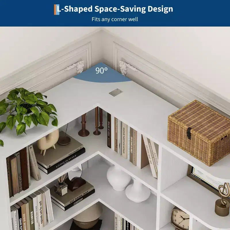 74'' Tall Corner Bookshelf - 6-Tier Book Shelf with Drawer and Cabinets, l-Shaped Bookcase Open Storage Shelves Modern Display Shelf for Home, Office