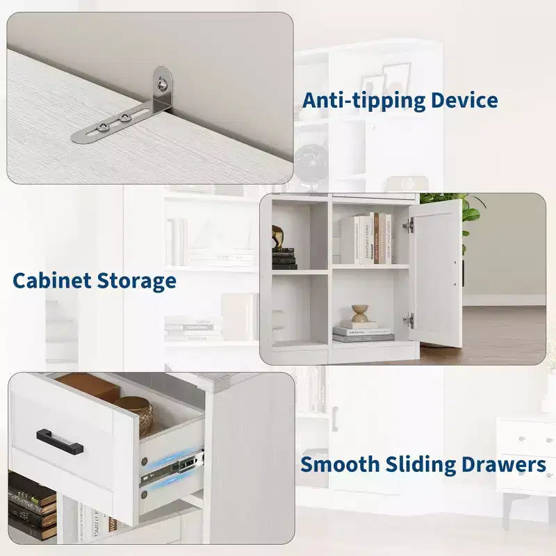 74'' Tall Corner Bookshelf - 6-Tier Book Shelf with Drawer and Cabinets, l-Shaped Bookcase Open Storage Shelves Modern Display Shelf for Home, Office