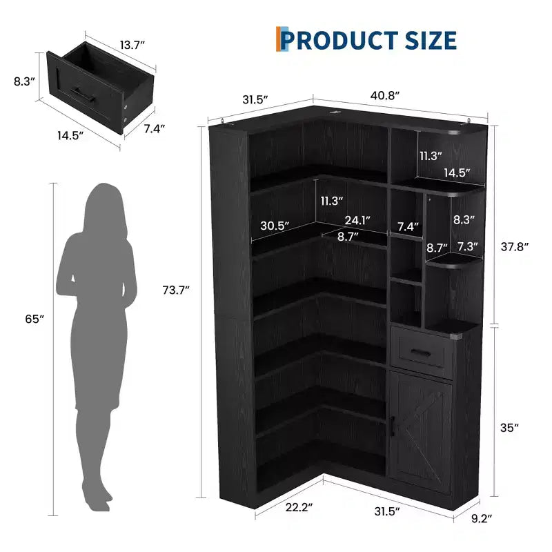 74'' Tall Corner Bookshelf - 6-Tier Book Shelf with Drawer and Cabinets, l-Shaped Bookcase Open Storage Shelves Modern Display Shelf for Home, Office