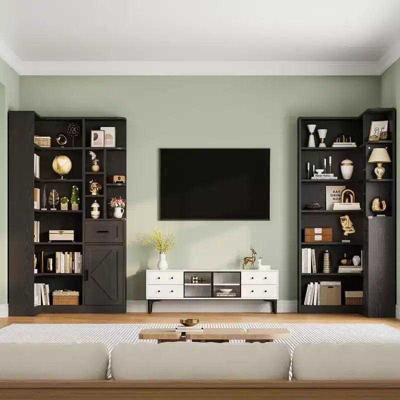 74'' Tall Corner Bookshelf - 6-Tier Book Shelf with Drawer and Cabinets, l-Shaped Bookcase Open Storage Shelves Modern Display Shelf for Home, Office