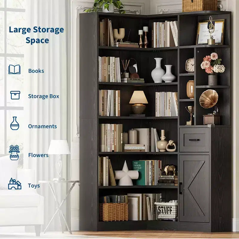 74'' Tall Corner Bookshelf - 6-Tier Book Shelf with Drawer and Cabinets, l-Shaped Bookcase Open Storage Shelves Modern Display Shelf for Home, Office