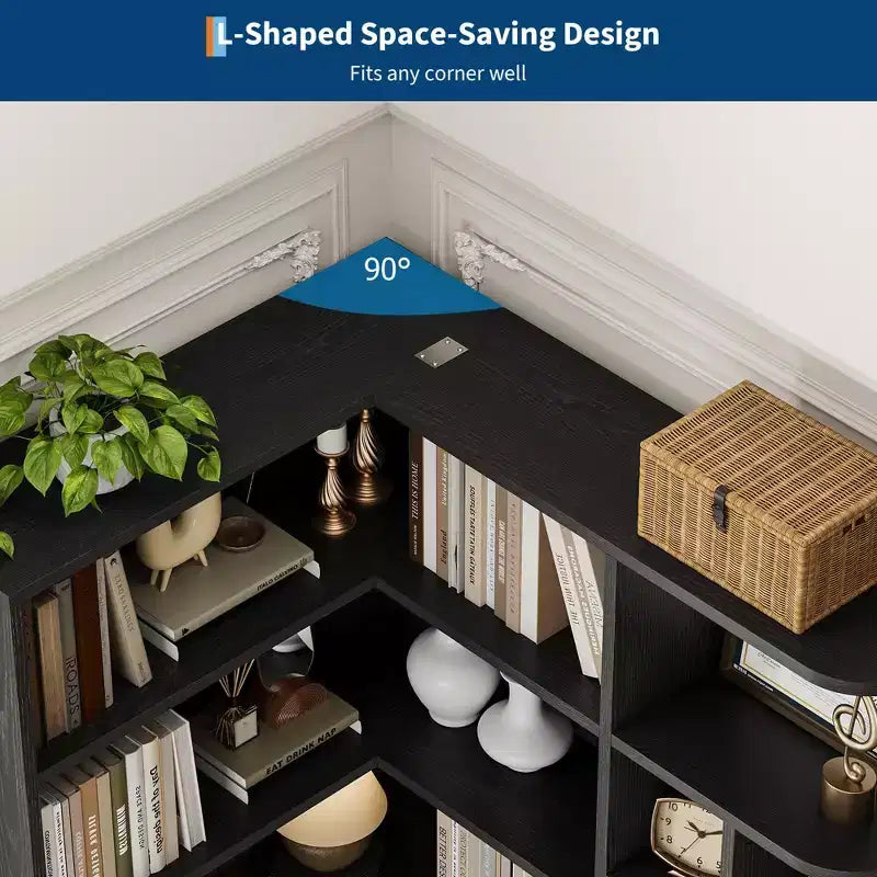 74'' Tall Corner Bookshelf - 6-Tier Book Shelf with Drawer and Cabinets, l-Shaped Bookcase Open Storage Shelves Modern Display Shelf for Home, Office