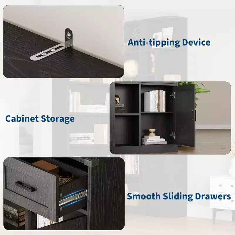 74'' Tall Corner Bookshelf - 6-Tier Book Shelf with Drawer and Cabinets, l-Shaped Bookcase Open Storage Shelves Modern Display Shelf for Home, Office