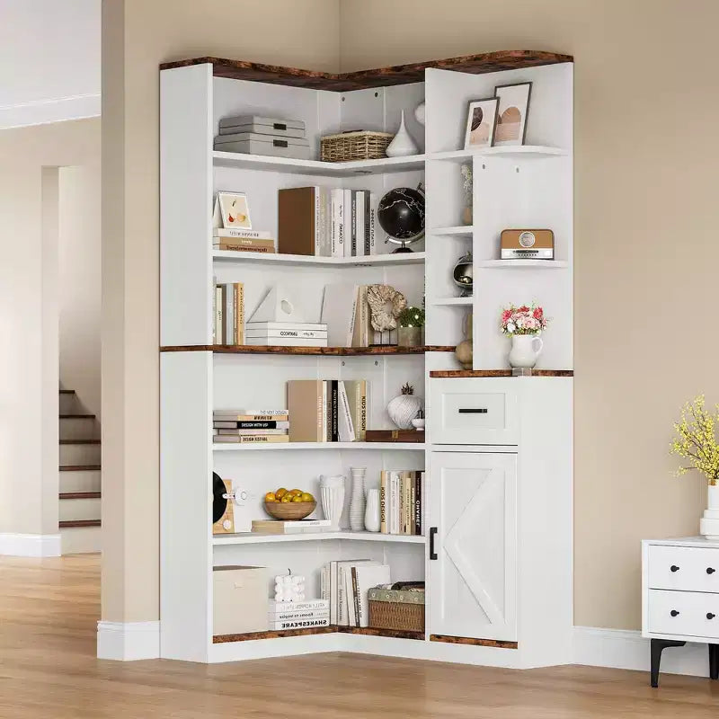 74'' Tall Corner Bookshelf - 6-Tier Book Shelf with Drawer and Cabinets, l-Shaped Bookcase Open Storage Shelves Modern Display Shelf for Home, Office