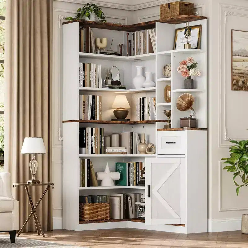74'' Tall Corner Bookshelf - 6-Tier Book Shelf with Drawer and Cabinets, l-Shaped Bookcase Open Storage Shelves Modern Display Shelf for Home, Office