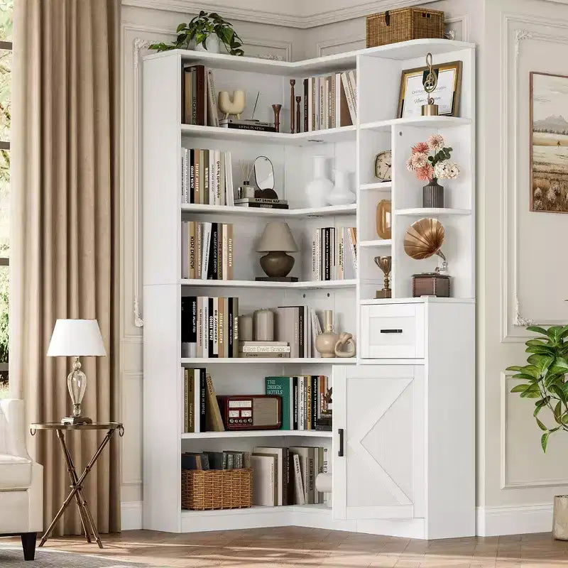 74'' Tall Corner Bookshelf - 6-Tier Book Shelf with Drawer and Cabinets, l-Shaped Bookcase Open Storage Shelves Modern Display Shelf for Home, Office