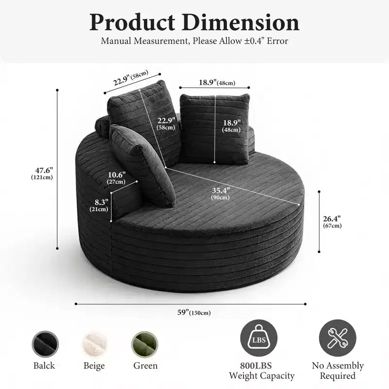 Oversized Round Sofa Set Of 2, Single Cloud Floor Sofa Chair with Deep Seat, No Assembly Required, Black