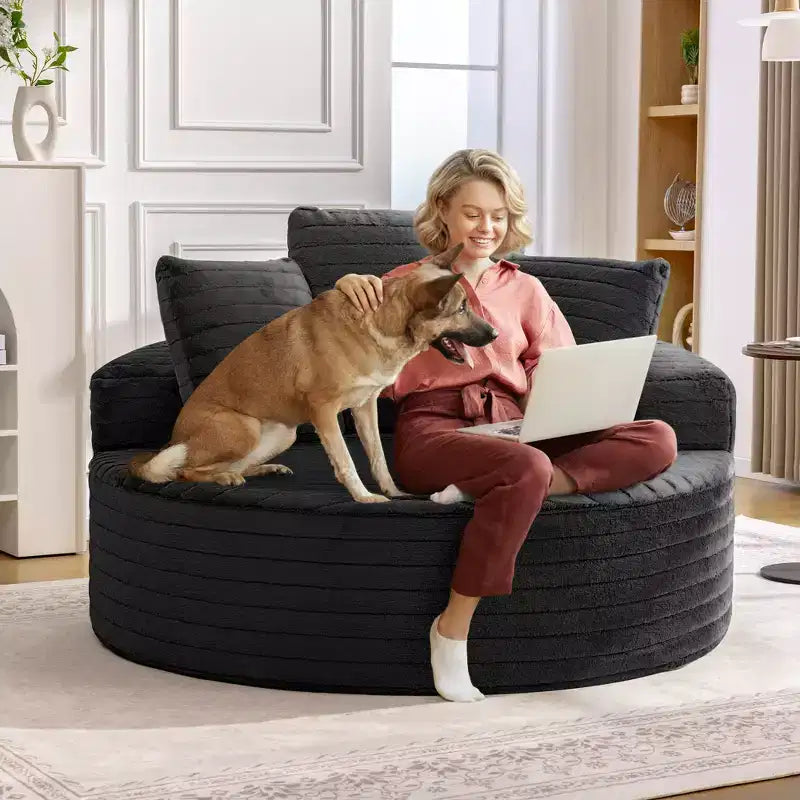 Oversized Round Sofa Set Of 2, Single Cloud Floor Sofa Chair with Deep Seat, No Assembly Required, Black