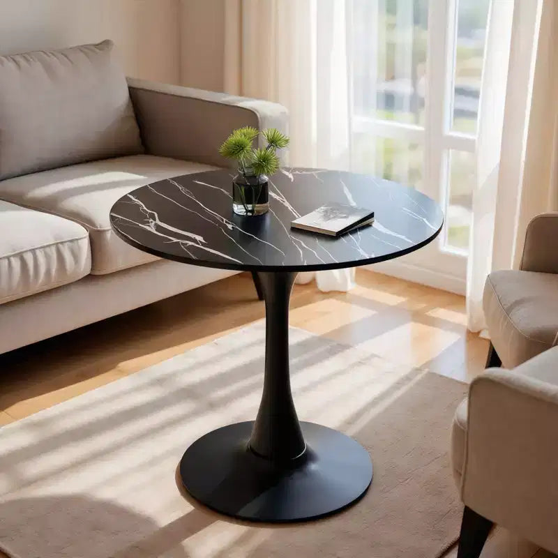 NAYSAYE Round Dining Table End Table Modern Kitchen Table MDF Top Steel Base for Living Room Office Marble, Black, 23.6*19.7*29.1