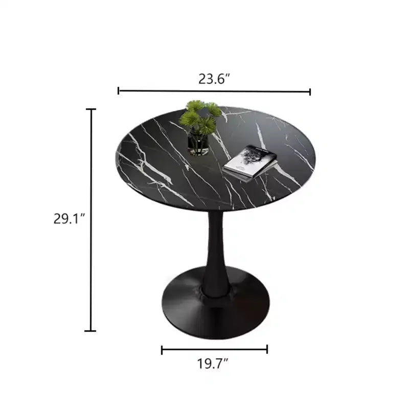 Round Dining Table End Table Modern Kitchen Table MDF Top Steel Base for Living Room Office Marble, Black, 23.6*19.7*29.1