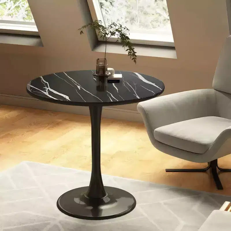 Round Dining Table End Table Modern Kitchen Table MDF Top Steel Base for Living Room Office Marble, Black, 23.6*19.7*29.1