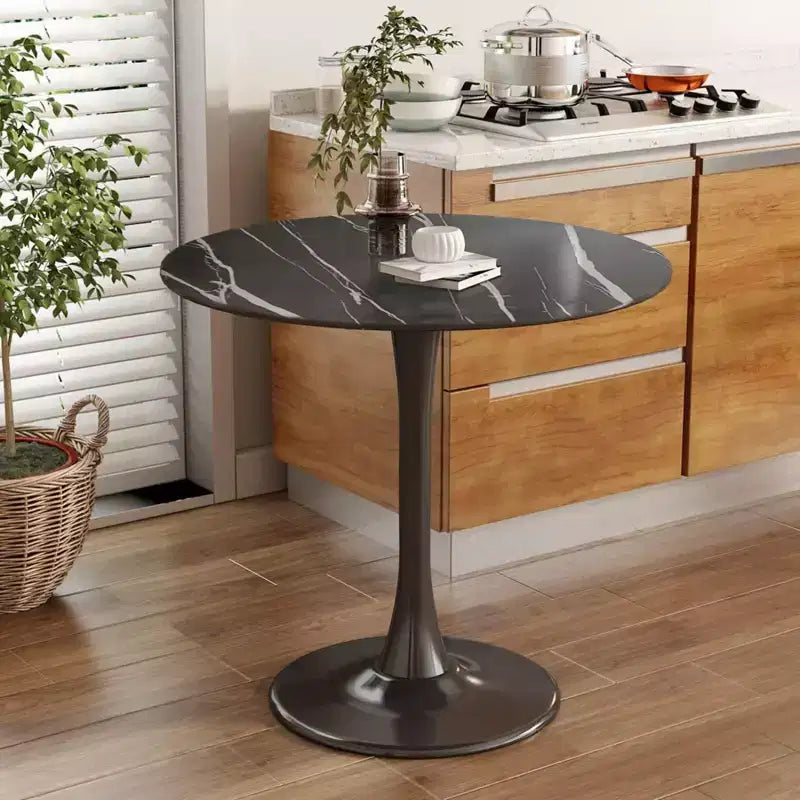 Round Dining Table End Table Modern Kitchen Table MDF Top Steel Base for Living Room Office Marble, Black, 23.6*19.7*29.1