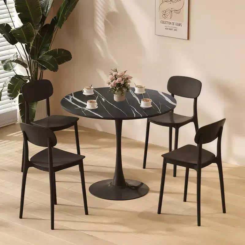 Round Dining Table End Table Modern Kitchen Table MDF Top Steel Base for Living Room Office Marble, Black, 23.6*19.7*29.1