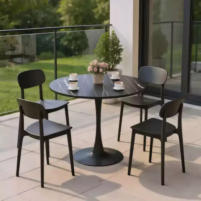 Round Dining Table End Table Modern Kitchen Table MDF Top Steel Base for Living Room Office Marble, Black, 23.6*19.7*29.1