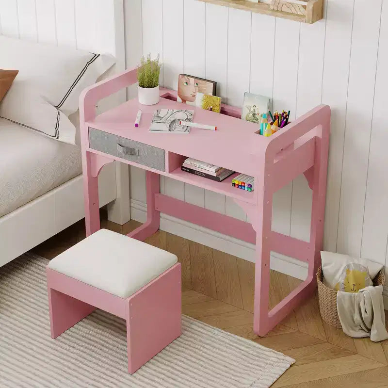 Kids Desk and Chair Set, Adjustable Study Table with Storage & Book Display, for Boys & Girls, White/Pink/Blue