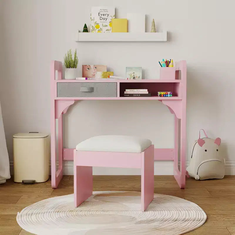 Kids Desk and Chair Set, Adjustable Study Table with Storage & Book Display, for Boys & Girls, White/Pink/Blue