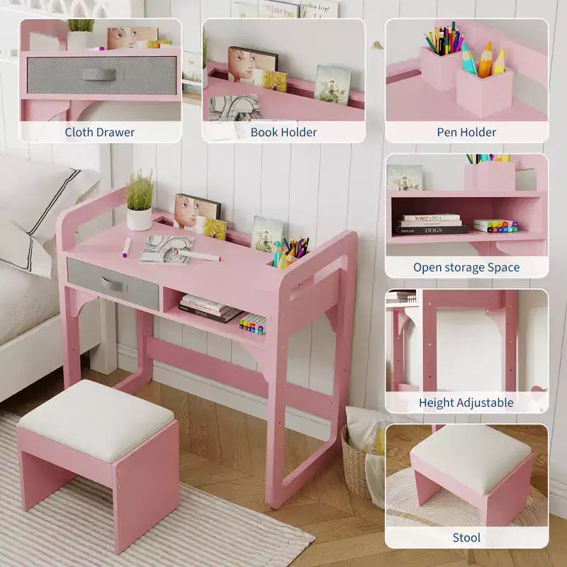 Kids Desk and Chair Set, Adjustable Study Table with Storage & Book Display, for Boys & Girls, White/Pink/Blue