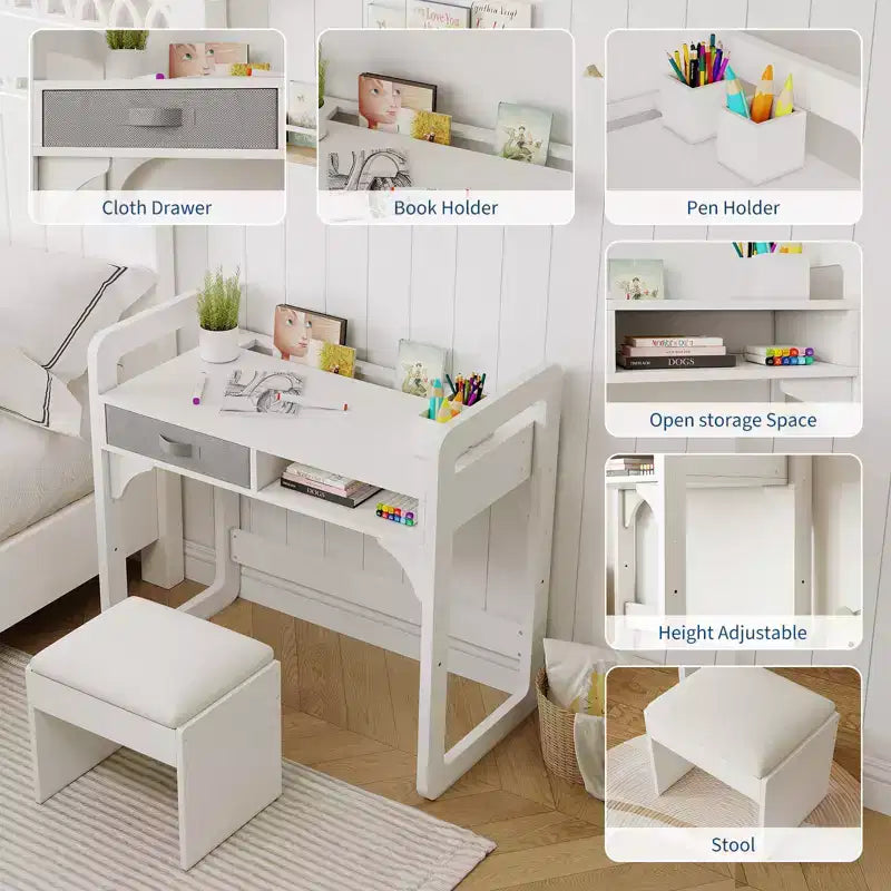 Kids Desk and Chair Set, Adjustable Study Table with Storage & Book Display, for Boys & Girls, White/Pink/Blue