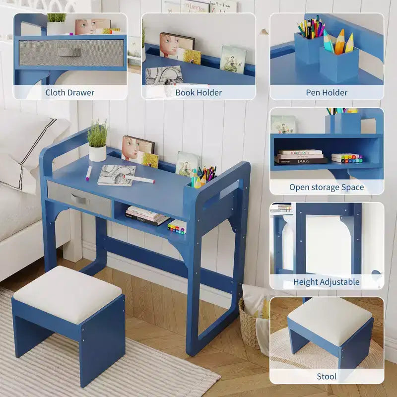 Kids Desk and Chair Set, Adjustable Study Table with Storage & Book Display, for Boys & Girls, White/Pink/Blue