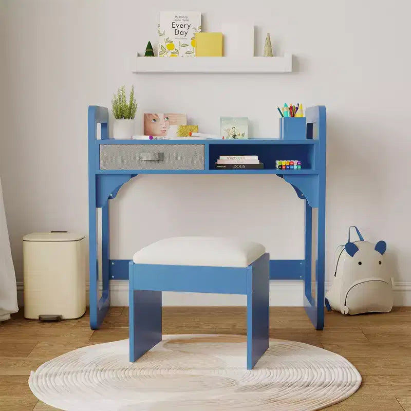 Kids Desk and Chair Set, Adjustable Study Table with Storage & Book Display, for Boys & Girls, White/Pink/Blue