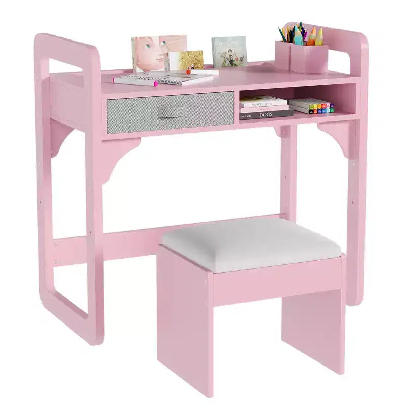 Kids Desk and Chair Set, Adjustable Study Table with Storage & Book Display, for Boys & Girls, White/Pink/Blue