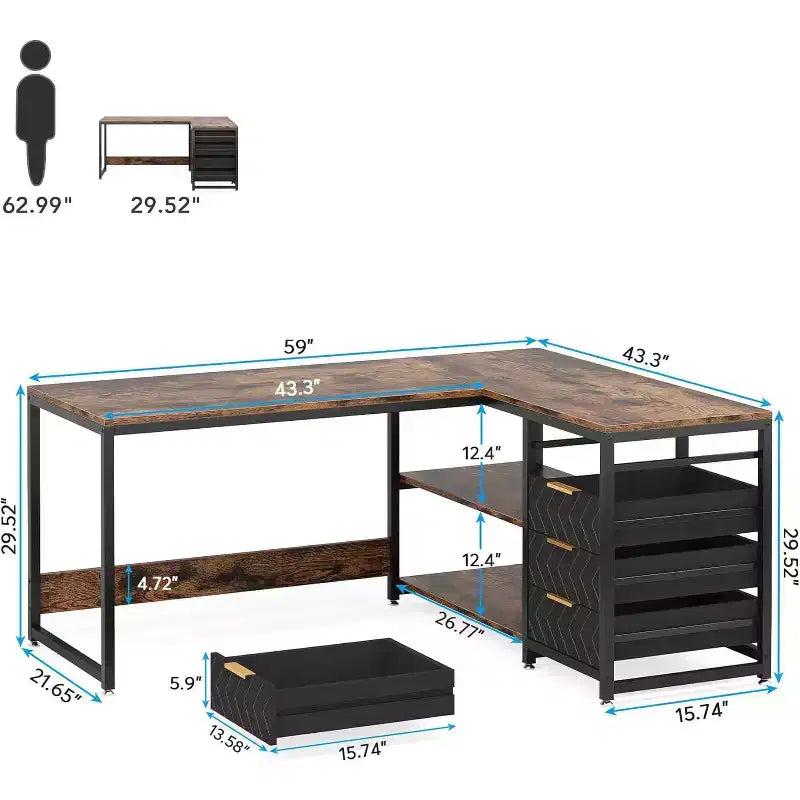 59-Inch L-Shaped Computer Desk with Storage Drawers and Shelves, Reversible Corner Desk for Home Office, Brown