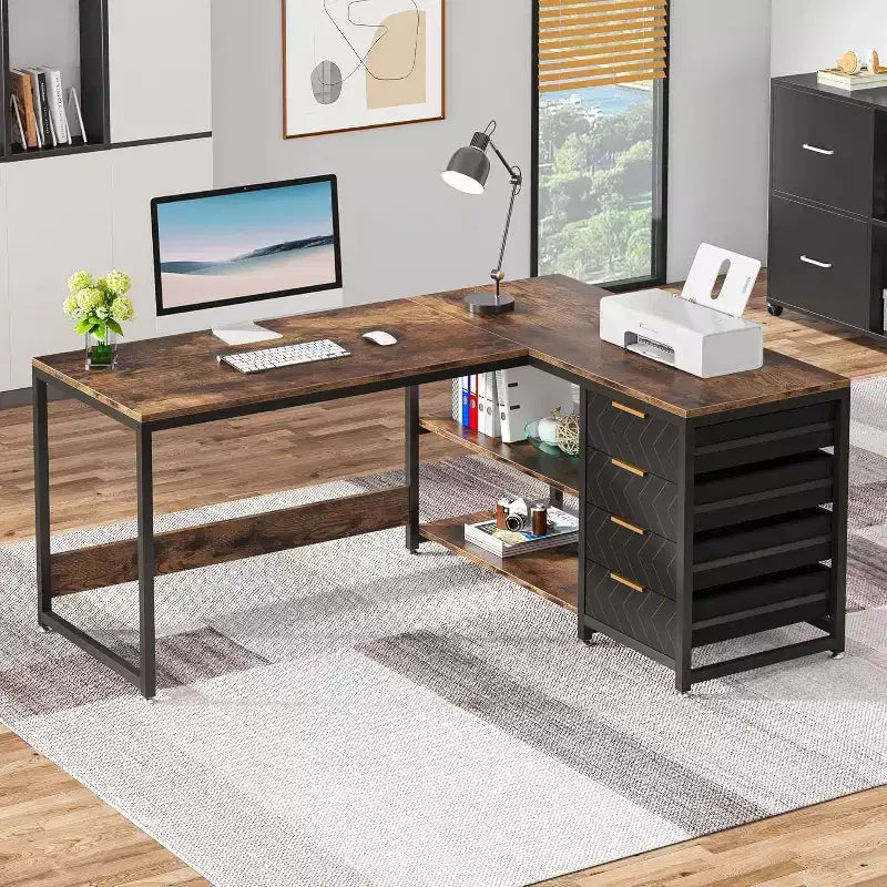 59-Inch L-Shaped Computer Desk with Storage Drawers and Shelves, Reversible Corner Desk for Home Office, Brown