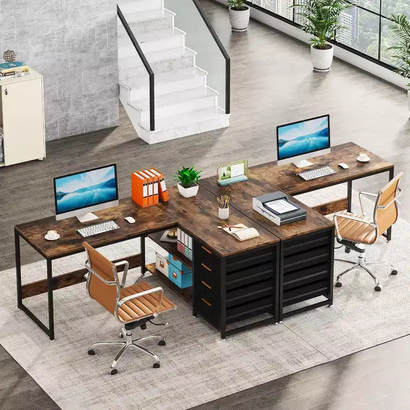59-Inch L-Shaped Computer Desk with Storage Drawers and Shelves, Reversible Corner Desk for Home Office, Brown