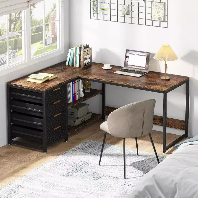 59-Inch L-Shaped Computer Desk with Storage Drawers and Shelves, Reversible Corner Desk for Home Office, Brown