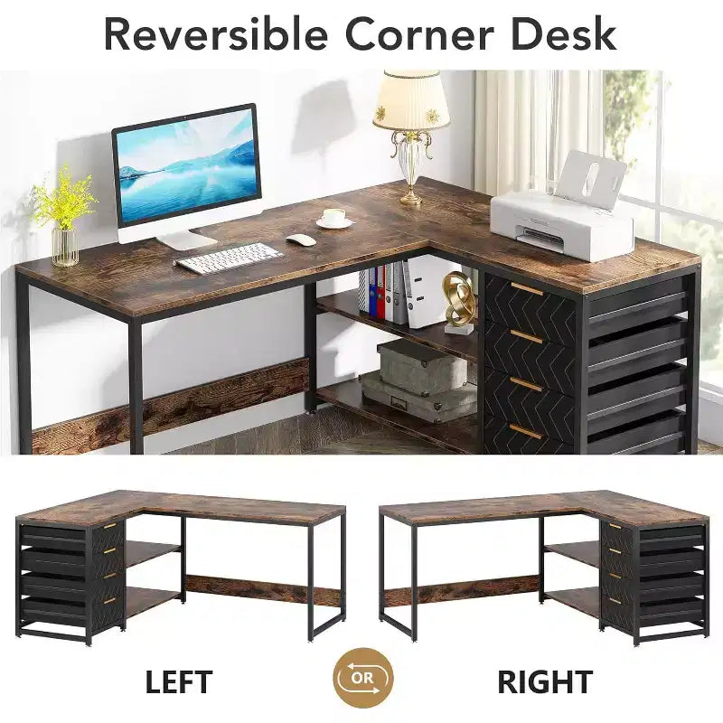 59-Inch L-Shaped Computer Desk with Storage Drawers and Shelves, Reversible Corner Desk for Home Office, Brown