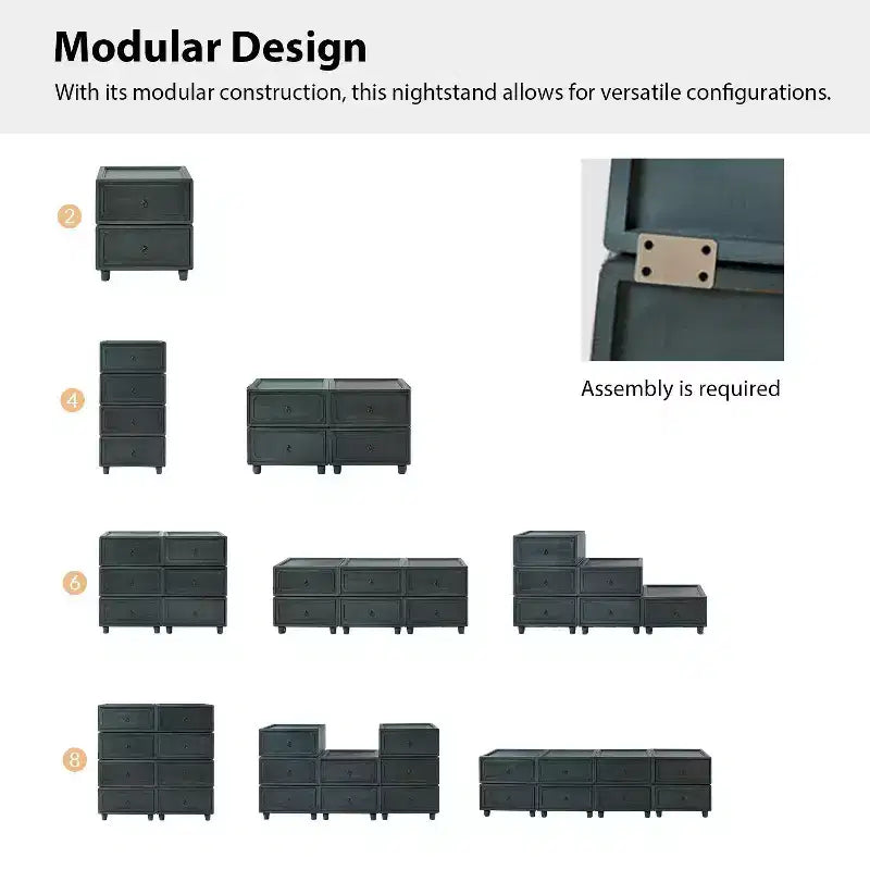 2-Drawer End Table Set of 2, Modular Design, Black