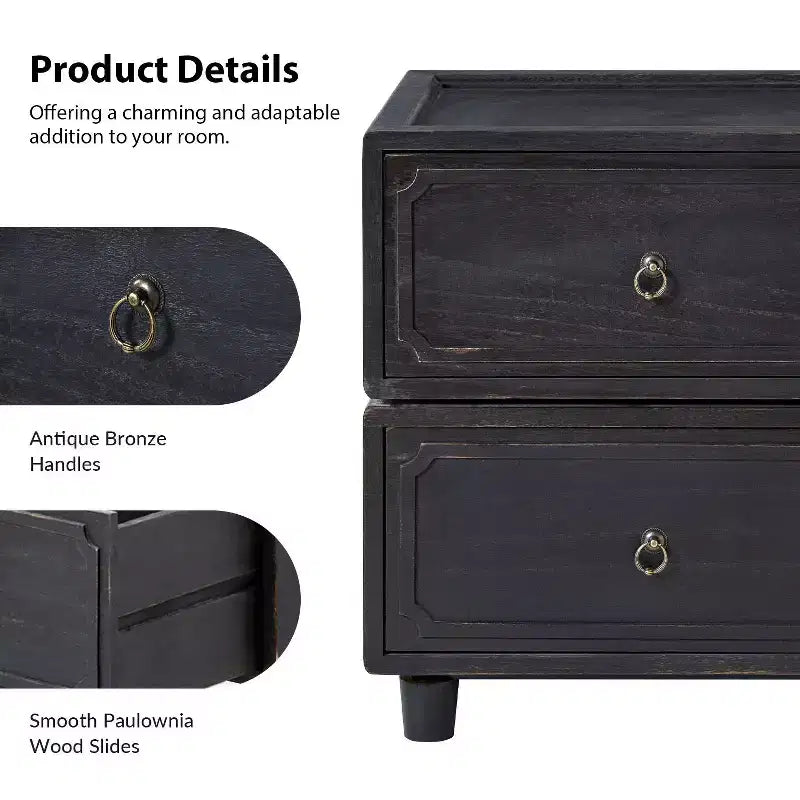 2-Drawer End Table Set of 2, Modular Design, Black