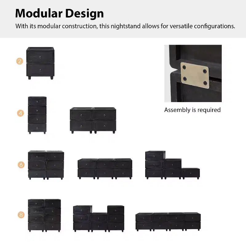 2-Drawer End Table Set of 2, Modular Design, Black