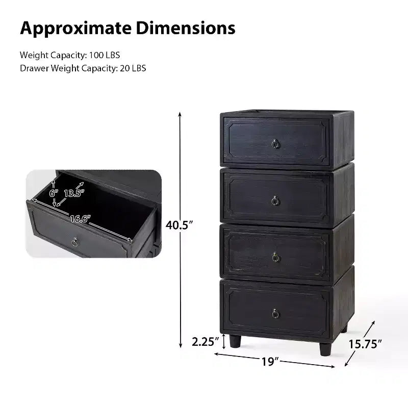 2-Drawer End Table Set of 2, Modular Design, Black