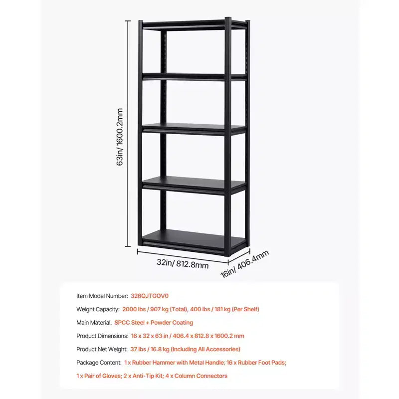 Storage Shelves, 2000lbs, 5 Tier Garage Storage Shelving, 16 Dx32Wx63 H Adjustable Metal Shelves for Garage Shelves Utility Rack Shelf,Black